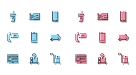 Set line Laptop with app delivery tracking, Scale cardboard box, Coffee cup, Hand truck and boxes, Mobile phone, Delivery cargo vehicle, Telephone speech bubble chat and Postcard icon. Vector