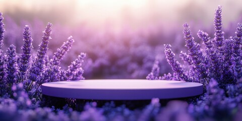 Lavender field with a circular platform at sunset creating a serene setting for gatherings and events