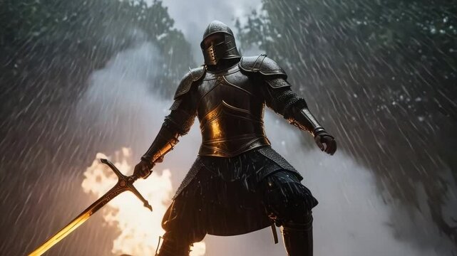 A knight in shining armor stands in the rain, holding a sword. The background features a dark forest and flames, creating a dramatic atmosphere.