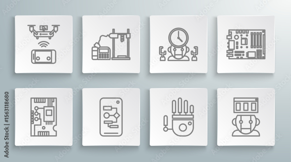 Poster set line electronic computer components motherboard digital chip, 3d printer, algorithm, mechanical 