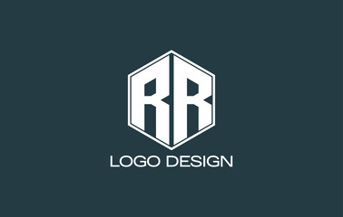 Naklejka premium RR monogram logo design with bold initials inside hexagon frame on dark background, ideal for corporate branding, real estate, and business identity
