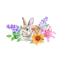 Cute Easter bunny cartoon illustration with flowers and eggs