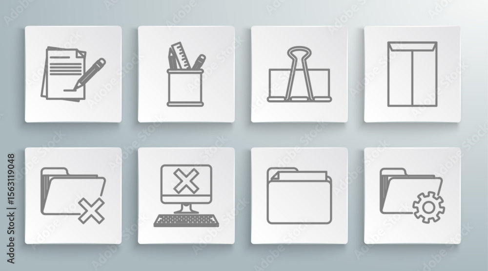 Poster set line delete folder, pencil case stationery, computer with keyboard and x mark, document, folder 