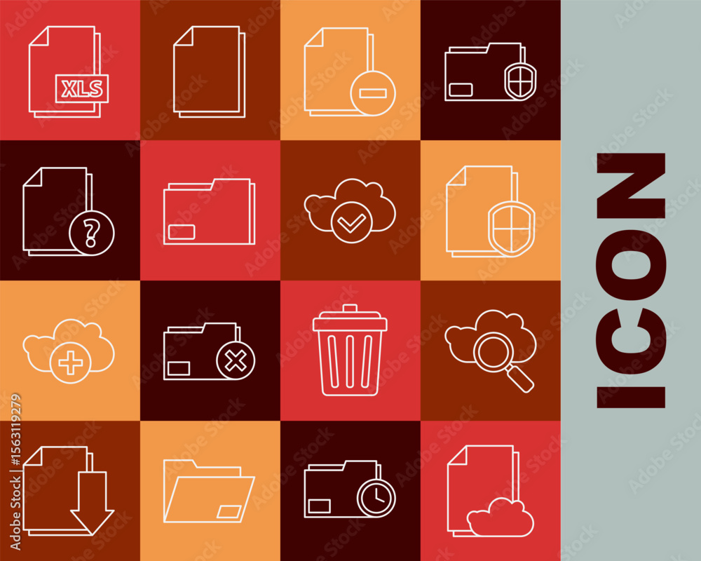 Poster set line cloud storage text document, search cloud computing, document protection concept, with minu