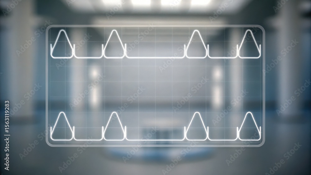 Poster a transparent digital interface with geometric shapes is displayed in a modern, blurred room.