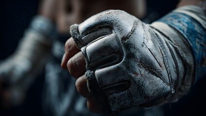 Close-up of a used fighting glove on a hand.