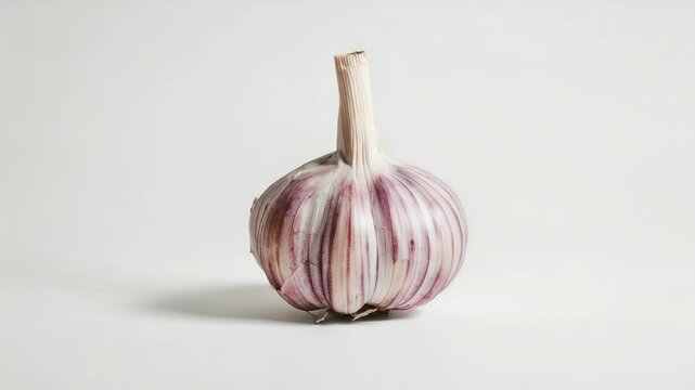 Close-up shot of a single garlic bulb on a white background, ideal for use in cooking or food-related projects