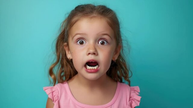 A young girl looks shocked or surprised with an expression of wonder