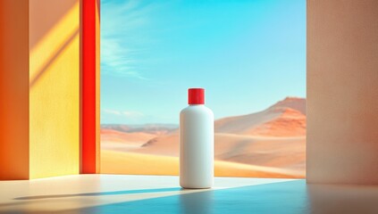 White plastic bottle with red cap, desert view