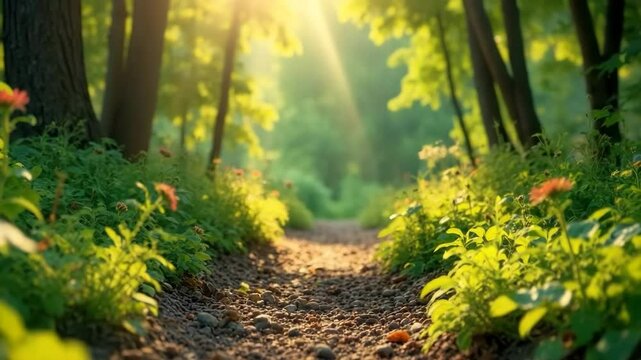 A sunlit forest path surrounded by lush greenery and colorful wildflowers. The scene captures the tranquility of nature in a vibrant woodland setting.