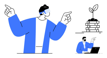 Person using VR headset with expressive gestures, potted plant atop coins, worker at laptop gesturing. Ideal for virtual reality, digital growth, innovation, business strategy, technology, future