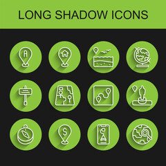 Set line Compass, Cash location, Location, City map navigation, Magnifying glass with globe, and monument and Route icon. Vector