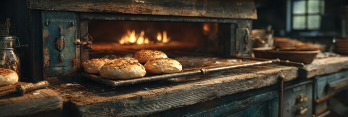 Freshly baked bread cooling in a rustic kitchen with a vintage oven during the morning hours