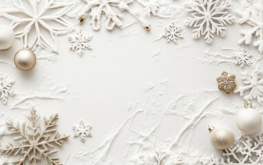 Golden Christmas decorations with shiny baubles and snowflakes creating a festive holiday background