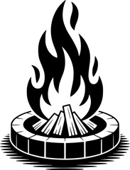 Bold black silhouette of beach fire pit with flames, perfect for summer night designs