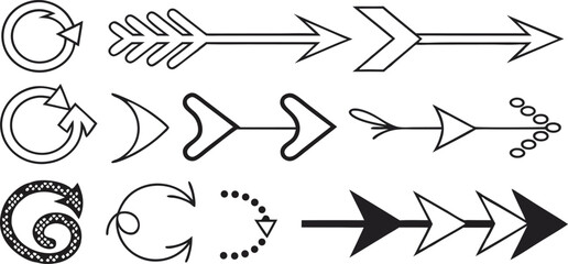 Various Arrow Designs – Creative Arrow Shapes, Symbols, and Graphics,Black arrow designs pointing,including single arrows,double arrows, outline arrows,circular arrows,Display of various arrow designs