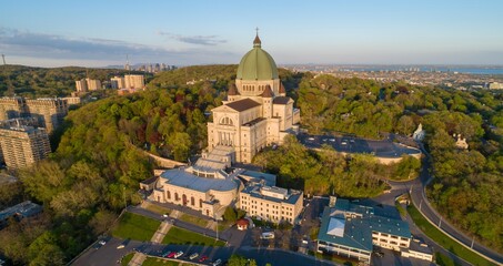 Aerial view of Saint Joseph's Oratory, a Catholic basilica, atop Mount Royal in Montreal, Quebec,...