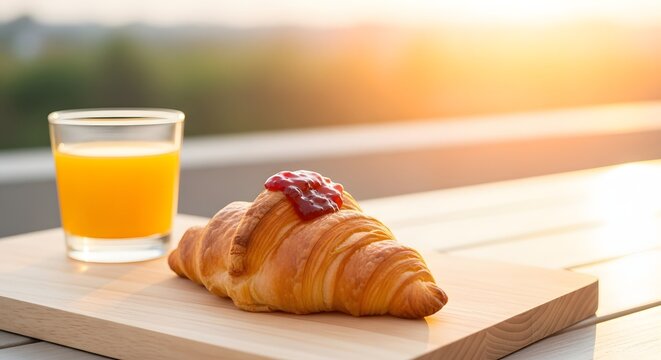 Breakfast with croissant and orange juice in sunlight - Powered by Adobe