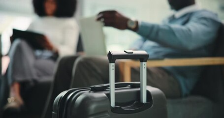 Suitcase, travel and waiting with business people in airport for commercial or international trip. Commute, luggage and transport with traveler group in departure lounge or lobby for global journey