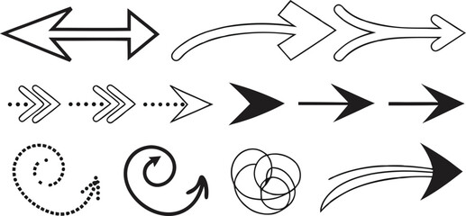 Various Arrow Designs – Creative Arrow Shapes, Symbols, and Graphics,Black arrow designs pointing,including single arrows,double arrows, outline arrows,circular arrows,Display of various arrow designs