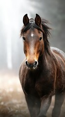 Obraz premium Majestic brown horse walking gracefully in a misty forest at dawn, showcasing its beauty and strength