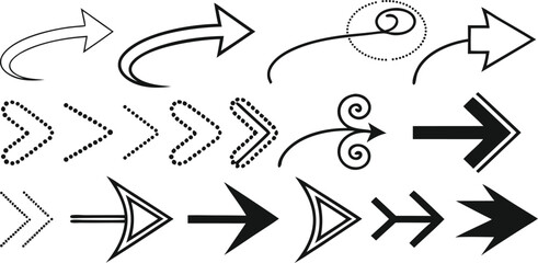 Various Arrow Designs – Creative Arrow Shapes, Symbols, and Graphics,Black arrow designs pointing,including single arrows,double arrows, outline arrows,circular arrows,Display of various arrow designs