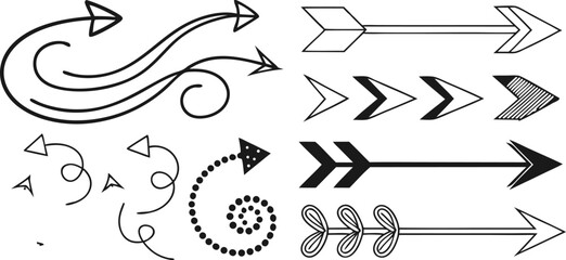 Various Arrow Designs – Creative Arrow Shapes, Symbols, and Graphics,Black arrow designs pointing,including single arrows,double arrows, outline arrows,circular arrows,Display of various arrow designs