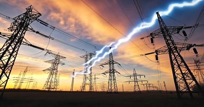 Dramatic sunset over power lines with lightning striking, showcasing energy in nature's backdrop