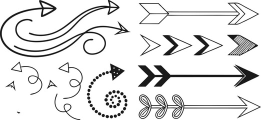 Various Arrow Designs – Creative Arrow Shapes, Symbols, and Graphics,Black arrow designs pointing,including single arrows,double arrows, outline arrows,circular arrows,Display of various arrow designs