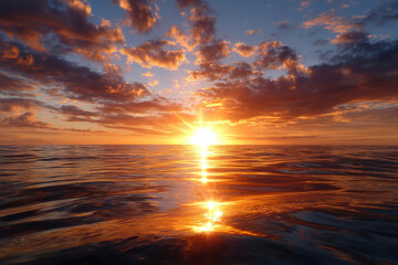 Sunset over calm ocean waters with vibrant clouds reflecting golden light