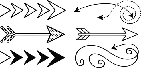 Various Arrow Designs – Creative Arrow Shapes, Symbols, and Graphics,Black arrow designs pointing,including single arrows,double arrows, outline arrows,circular arrows,Display of various arrow designs