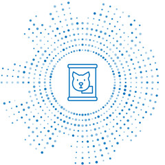 Blue line Canned food icon isolated on white background. Food for animals. Pet food can. Dog bone sign. Abstract circle random dots. Vector