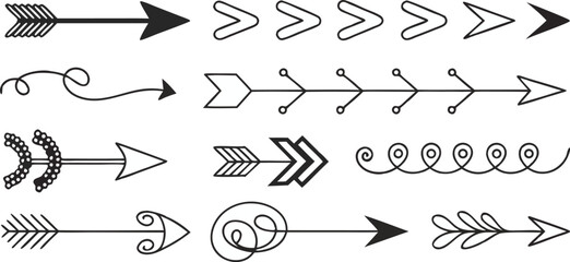 Various Arrow Designs – Creative Arrow Shapes, Symbols, and Graphics,Black arrow designs pointing,including single arrows,double arrows, outline arrows,circular arrows,Display of various arrow designs