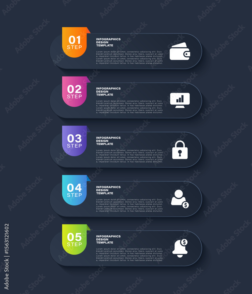 Fototapete neumorphism dark vertical infographic template. five steps or processes with business icons and text