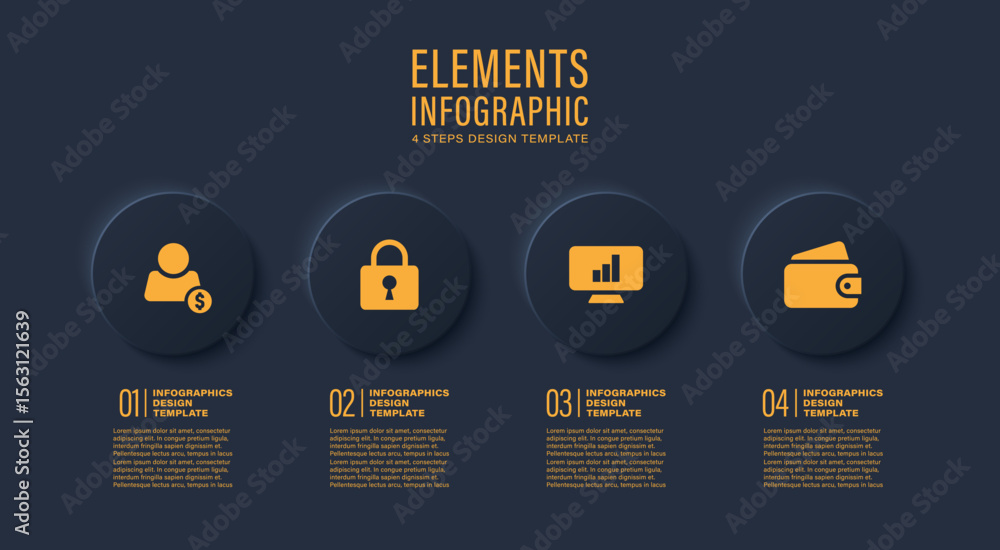 Poster neumorphism dark infographic template with round elements and icons. four steps or options vector in