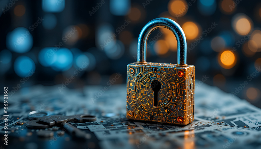 Poster golden padlock with intricate circuit design rests on a motherboard, symbolizing digital security an