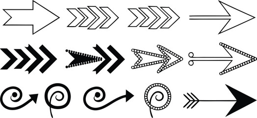 Various Arrow Designs – Creative Arrow Shapes, Symbols, and Graphics,Black arrow designs pointing,including single arrows,double arrows, outline arrows,circular arrows,Display of various arrow designs