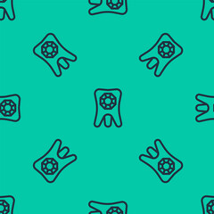Blue line Tooth with diamond icon isolated seamless pattern on green background. Vector