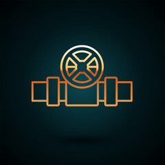 Gold line Industry metallic pipes and valve icon isolated on dark blue background. Vector