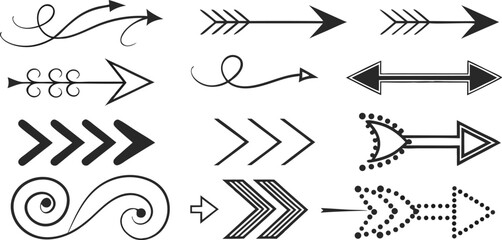 Various Arrow Designs – Creative Arrow Shapes, Symbols, and Graphics,Black arrow designs pointing,including single arrows,double arrows, outline arrows,circular arrows,Display of various arrow designs