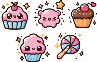 Cute cartoon pink ice cream, cupcakes, and dessert illustrations, for a sweet birthday party celebration