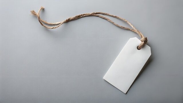 A blank white tag with a simple twine string is isolated on a grey background, providing a clean and minimalist design element