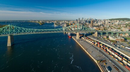 Aerial view of Jacques-Cartier Bridge over the Saint Lawrence River in Montreal, Quebec, Canada....