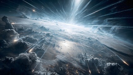 Celestial panorama of a planet under attack.