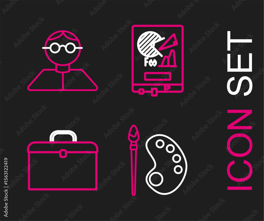 Poster set line paint brush with palette, briefcase, board graph chart and student icon. vector