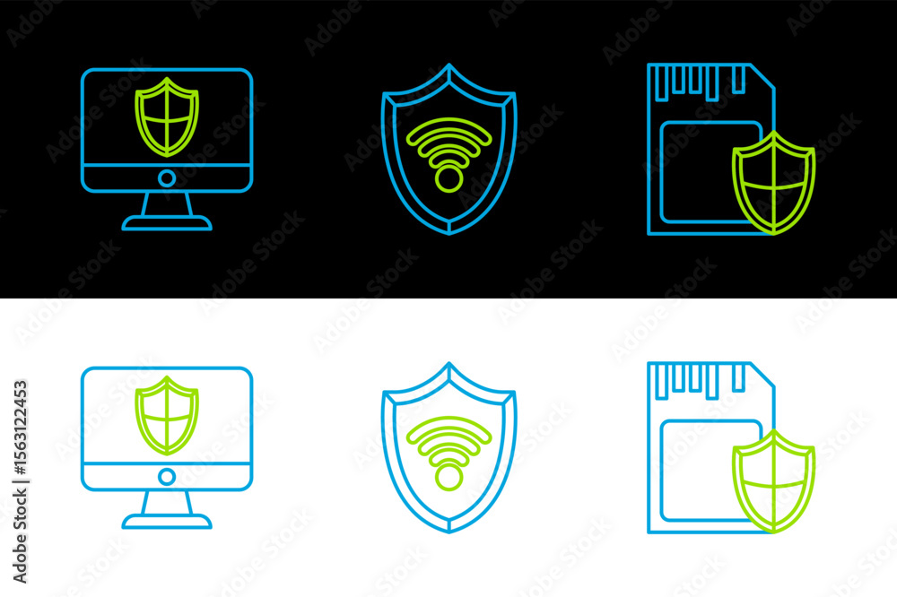 Poster set line sd card and shield, computer monitor and shield with wifi wireless internet network icon. v