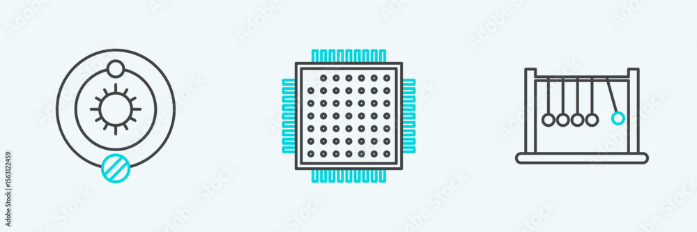 Poster set line pendulum, solar system and processor icon. vector