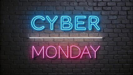 Cyber monday neon sign glowing brightly on a dark brick wall
