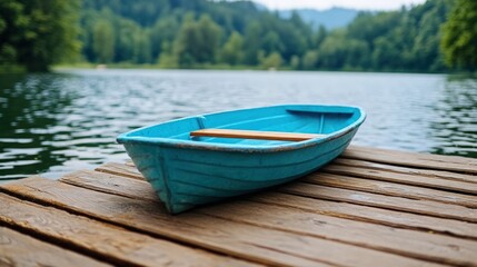 Obraz premium Blue rowboat on wooden dock by calm lake