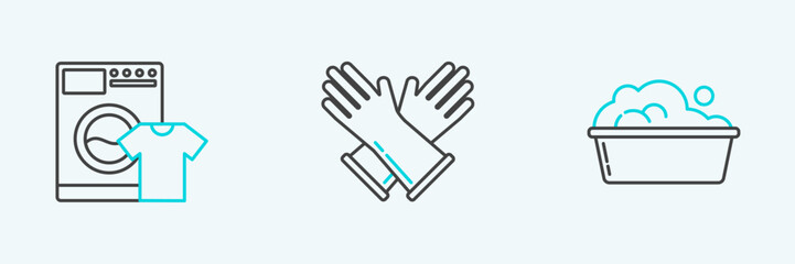 Set line Plastic basin with soap suds, Washer and t-shirt and Rubber gloves icon. Vector